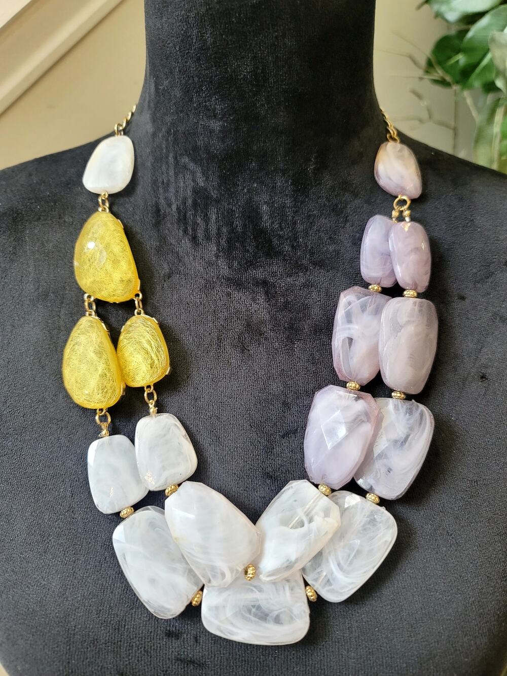 Yellow White Lavender Chunky Stone Statement Necklace Asymmetrical Boho Jewelry